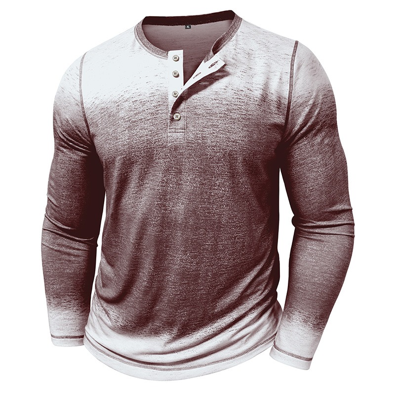 Men's Three Button Gradient Long Sleeve Henley Shirt