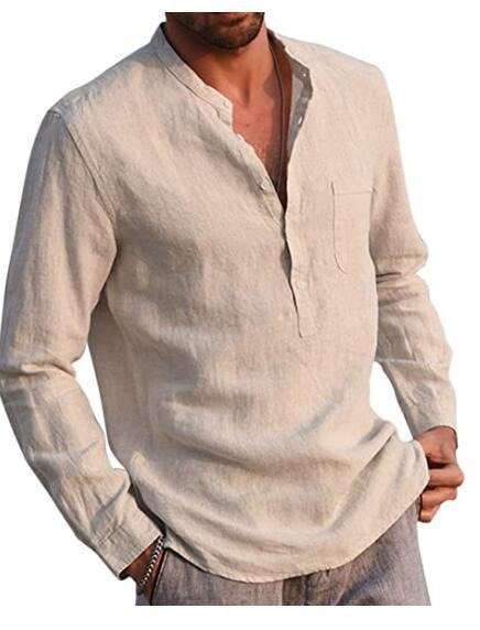 Men's Cotton Linen Summer Solid Color Stand-Up Collar Long-Sleeved Shirts