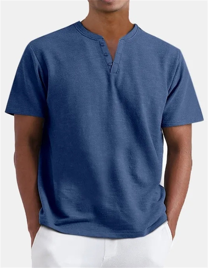 Colored Cotton Men's V-Neck Short Sleeve Button-Down Shirt