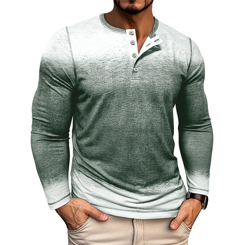 Men's Three Button Gradient Long Sleeve Henley Shirt