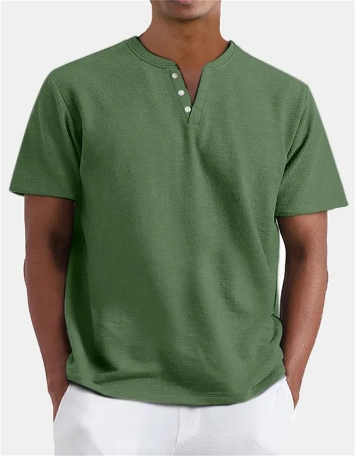 Colored Cotton Men's V-Neck Short Sleeve Button-Down Shirt