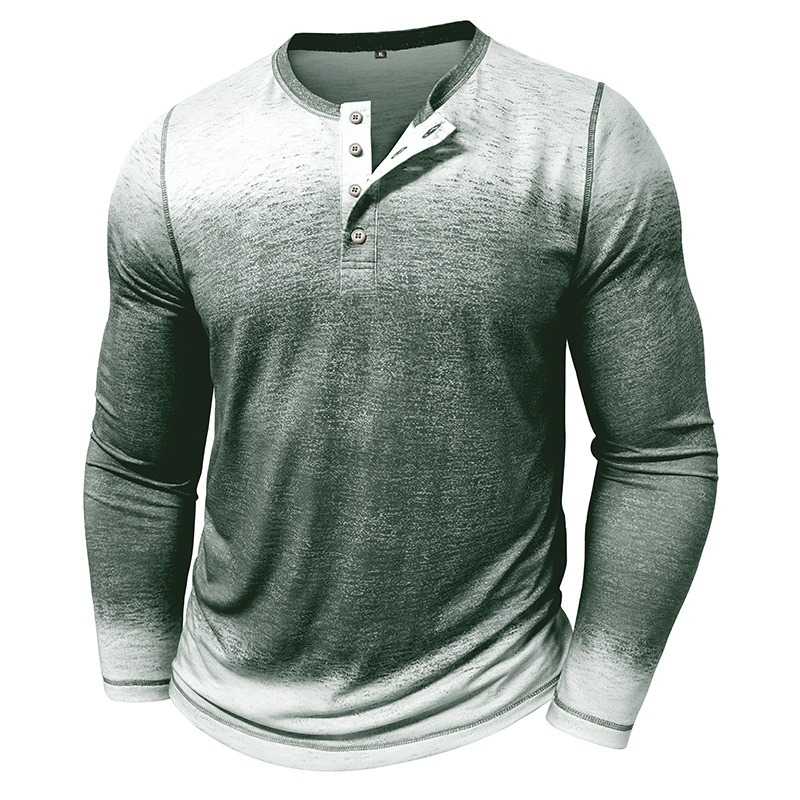 Men's Three Button Gradient Long Sleeve Henley Shirt