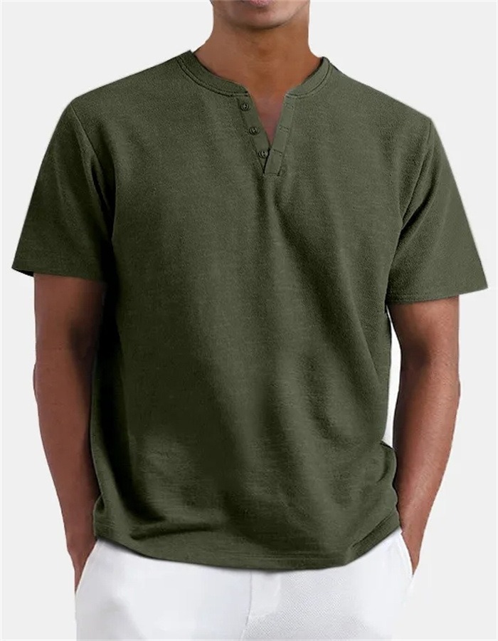 Colored Cotton Men's V-Neck Short Sleeve Button-Down Shirt