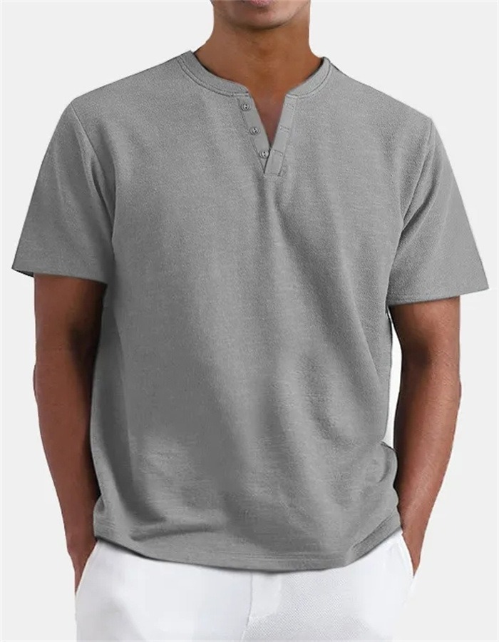 Colored Cotton Men's V-Neck Short Sleeve Button-Down Shirt