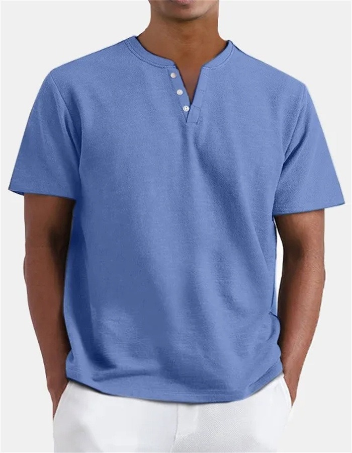 Colored Cotton Men's V-Neck Short Sleeve Button-Down Shirt