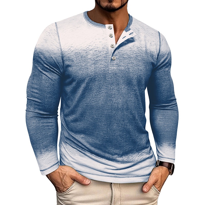 Men's Three Button Gradient Long Sleeve Henley Shirt