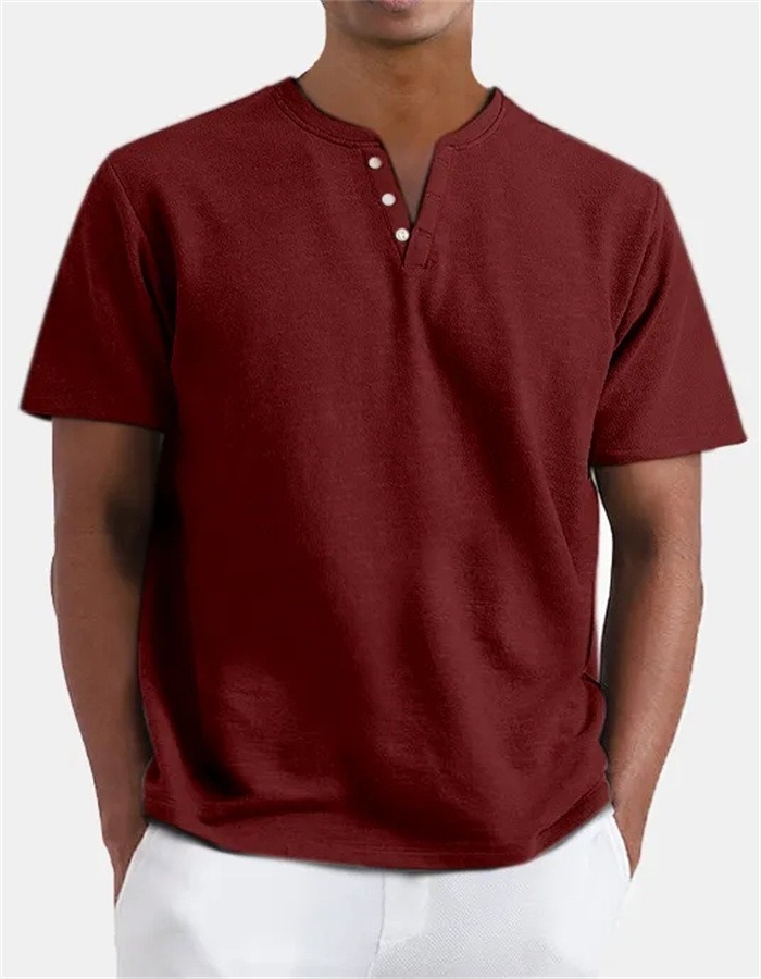 Colored Cotton Men's V-Neck Short Sleeve Button-Down Shirt