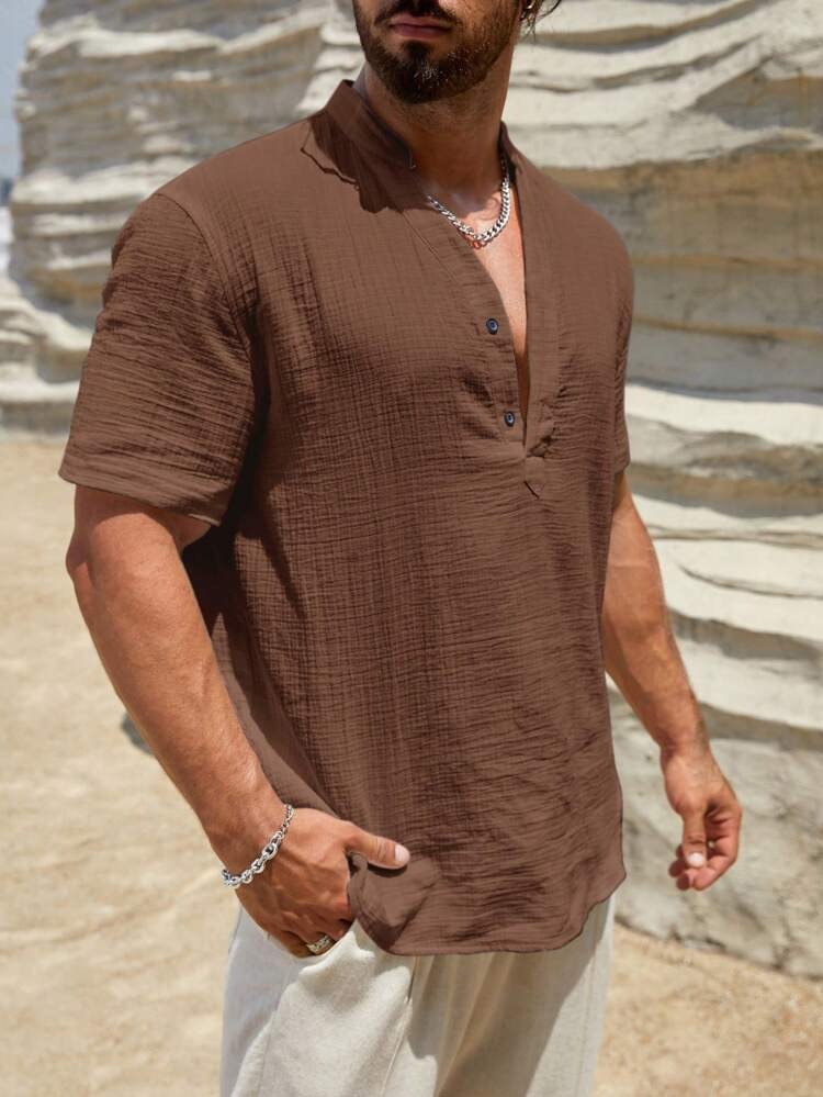 Men's bamboo cotton solid color breathable stand collar casual short-sleeved shirt