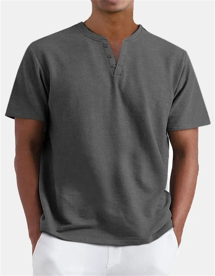 Colored Cotton Men's V-Neck Short Sleeve Button-Down Shirt