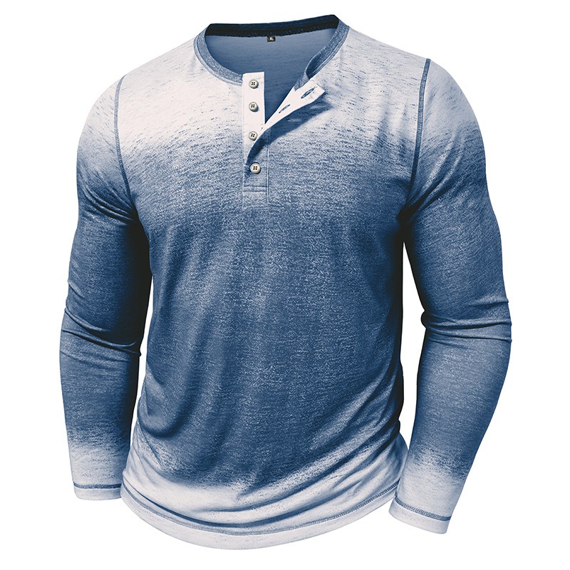 Men's Three Button Gradient Long Sleeve Henley Shirt