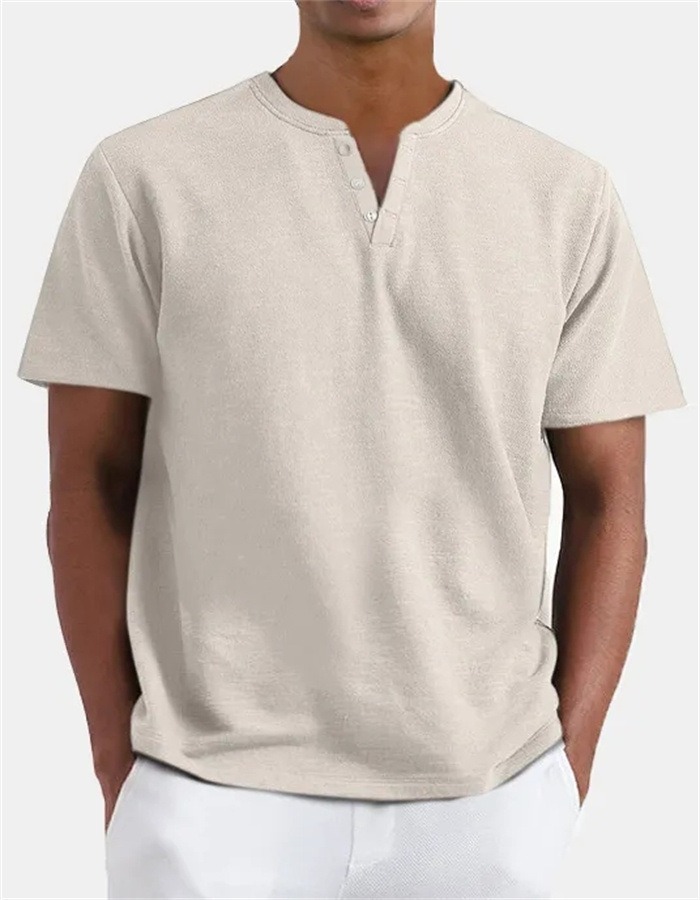 Colored Cotton Men's V-Neck Short Sleeve Button-Down Shirt