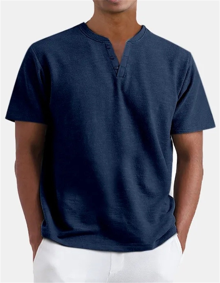 Colored Cotton Men's V-Neck Short Sleeve Button-Down Shirt