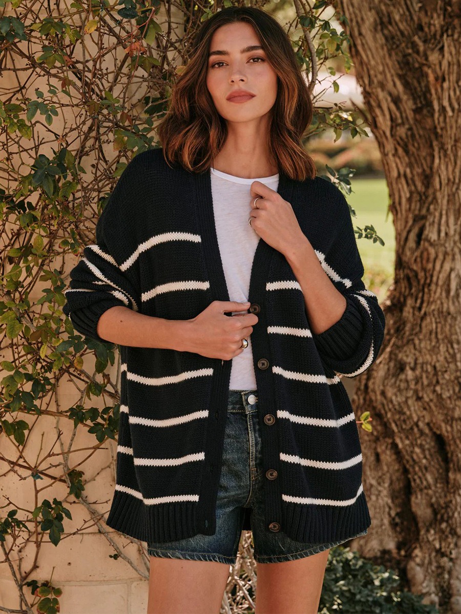 Women's V-neck cardigan sweater pure cotton striped sweater jacket
