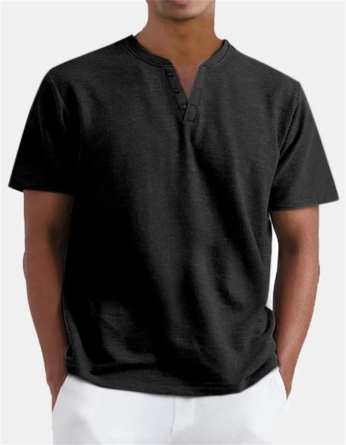 Colored Cotton Men's V-Neck Short Sleeve Button-Down Shirt