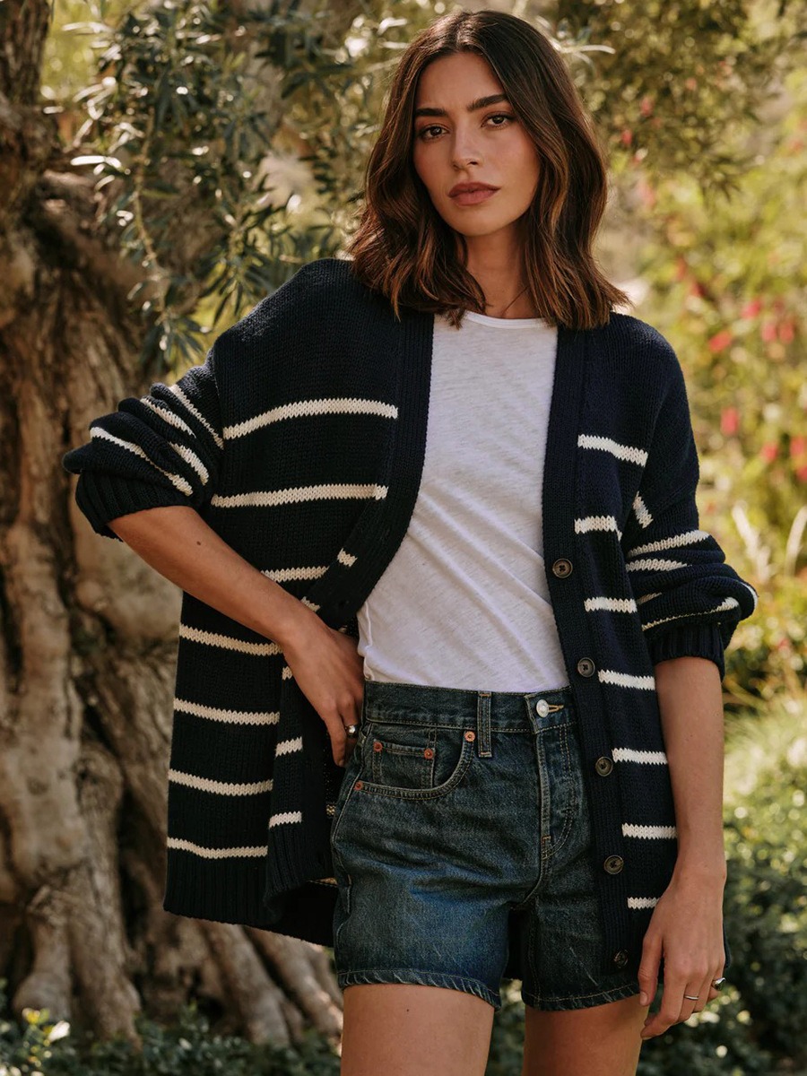 Women's V-neck cardigan sweater pure cotton striped sweater jacket