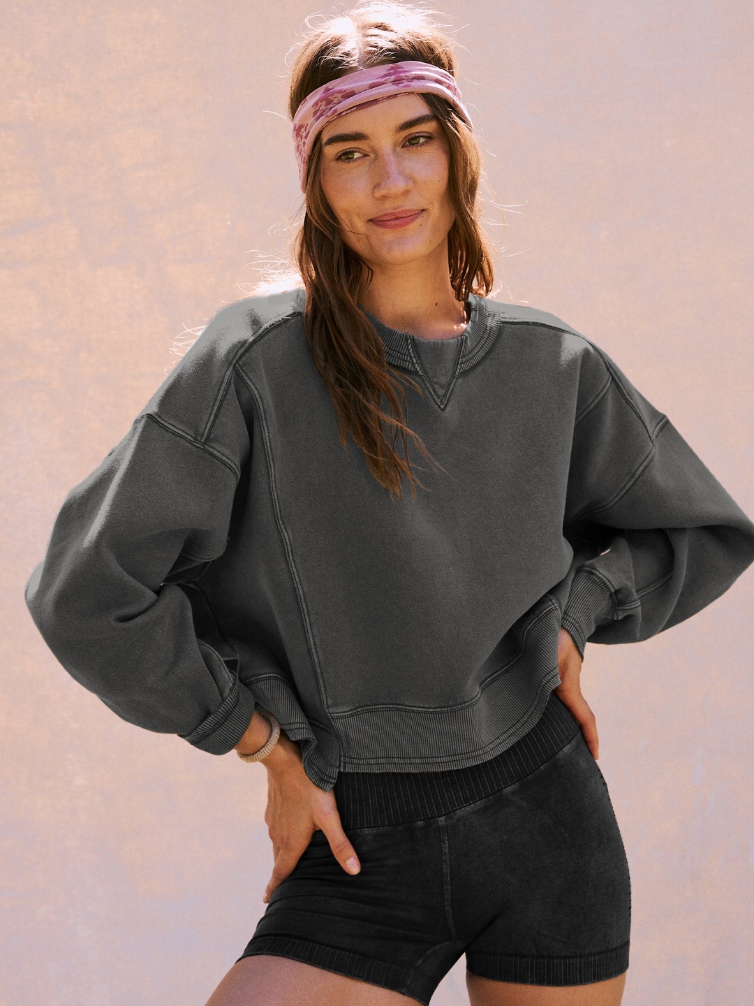 Women Fashion Casual Solid Color Round Neck Long Sleeve Sweatshirt