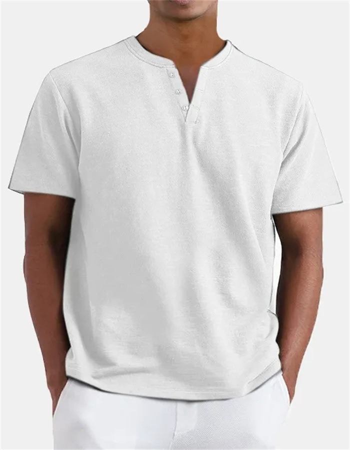 Colored Cotton Men's V-Neck Short Sleeve Button-Down Shirt