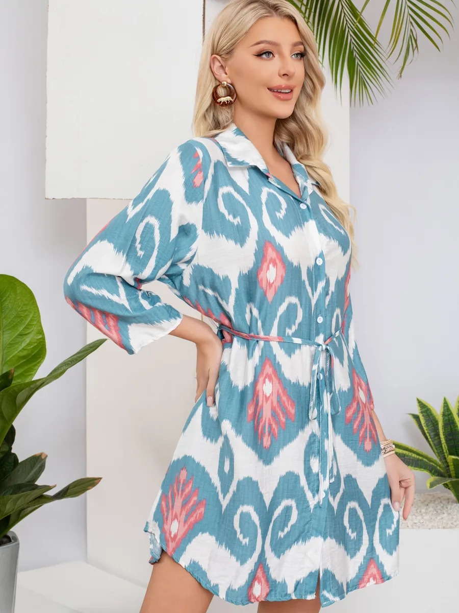 2025 new beach sun-protective cardigan printed cinched-waist bikini swimsuit jacket