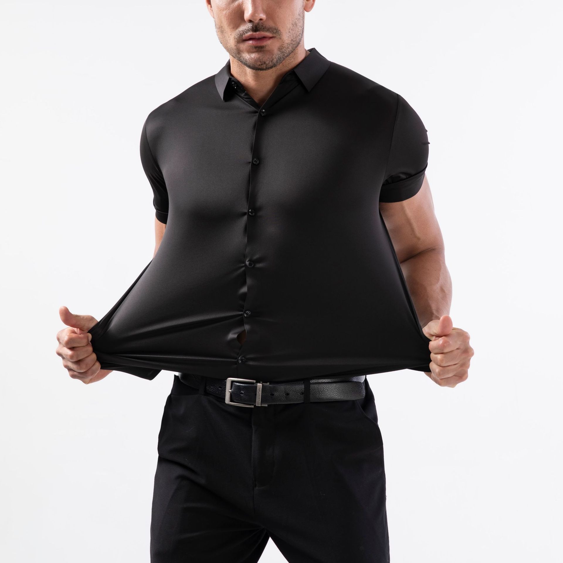 Four-sided high elastic non-iron anti-wrinkle men's short-sleeved shirt