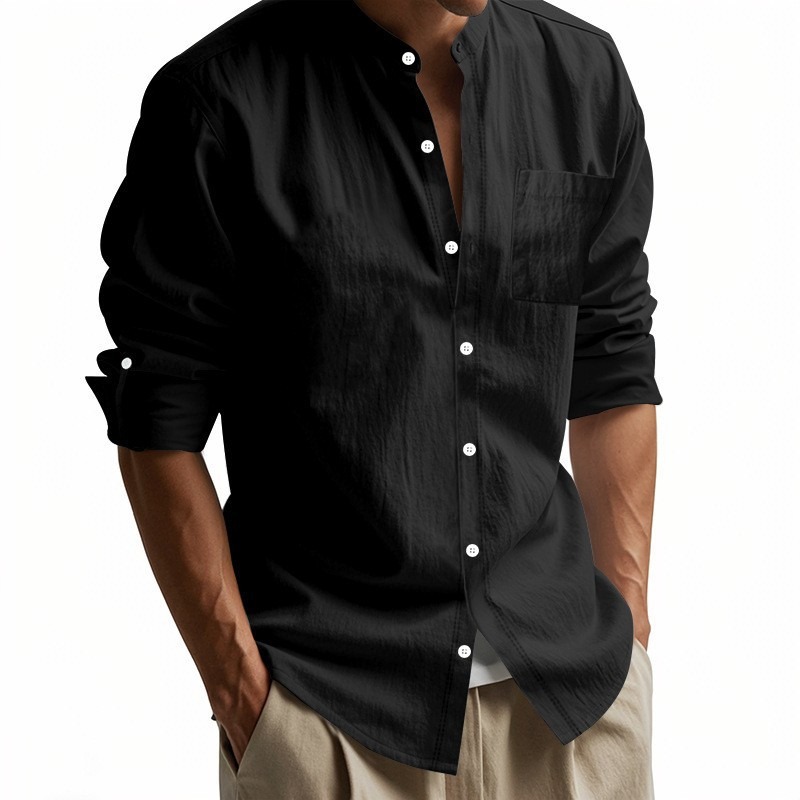 Men's Fashion Long Sleeve Stand Collar Casual Men's Pocket Linen Shirt