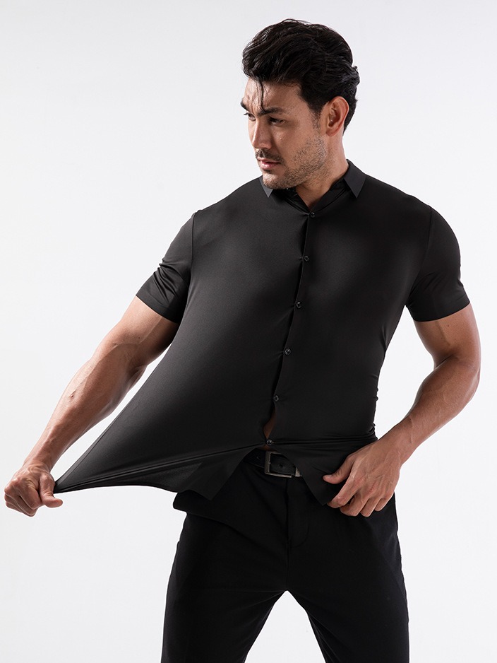 Four-sided high elastic non-iron anti-wrinkle men's short-sleeved shirt