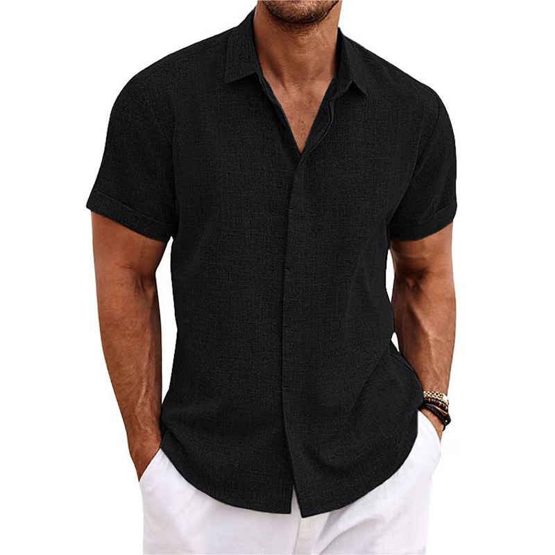 Men's Solid Color Lapel Cotton Linen Short Sleeve Shirt
