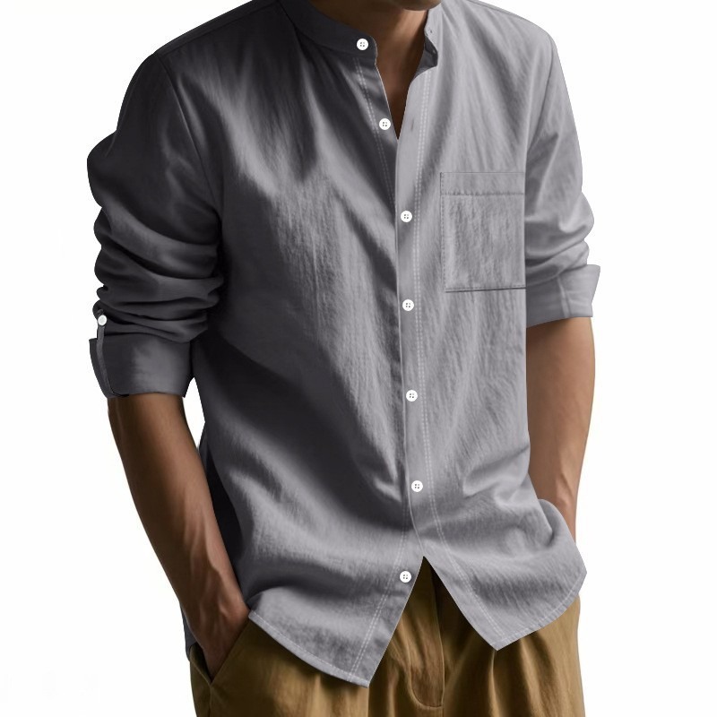 Men's Fashion Long Sleeve Stand Collar Casual Men's Pocket Linen Shirt