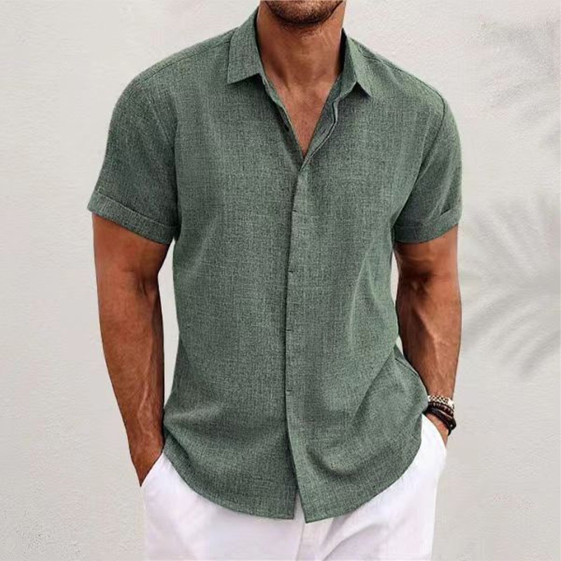 Men's Solid Color Lapel Cotton Linen Short Sleeve Shirt
