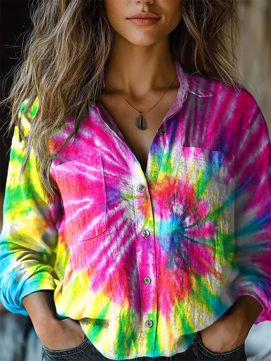 Women Retro Colorful  Tie-dye Print Shirt