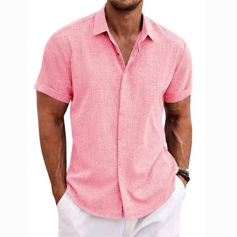 Men's Solid Color Lapel Cotton Linen Short Sleeve Shirt