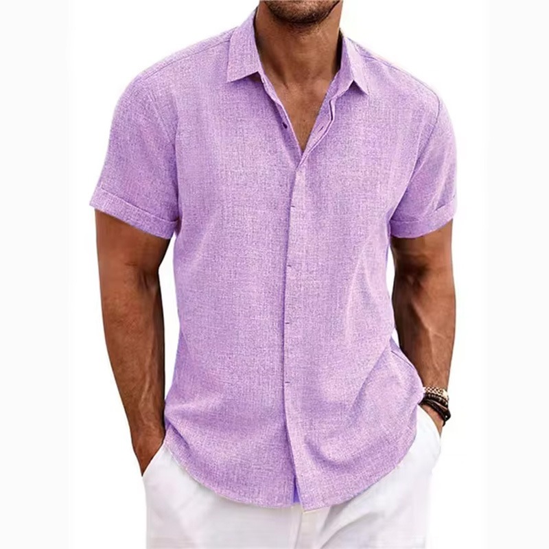Men's Solid Color Lapel Cotton Linen Short Sleeve Shirt