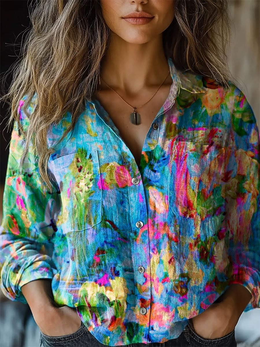 Women Retro Colorful  Tie-dye Print Shirt