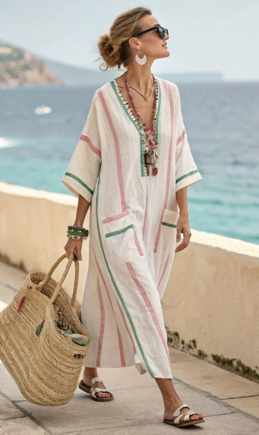 Women's Cotton&Linen V-Neck Striped Dress