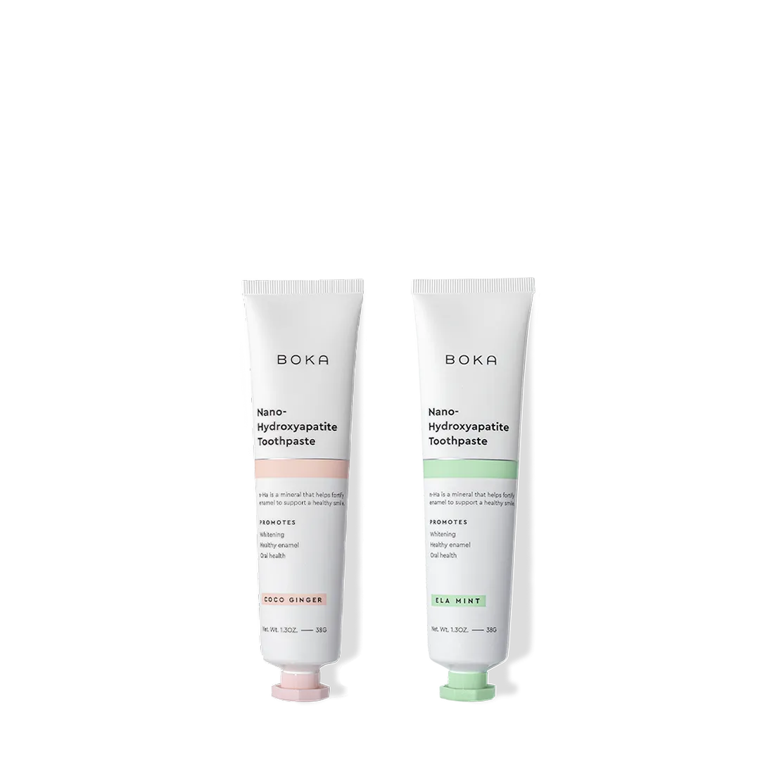 Travel Duo n-Ha Toothpaste 2-Pack: Coco Ginger & Ela Mint, travel size tubes with nano-hydroxyapatite.