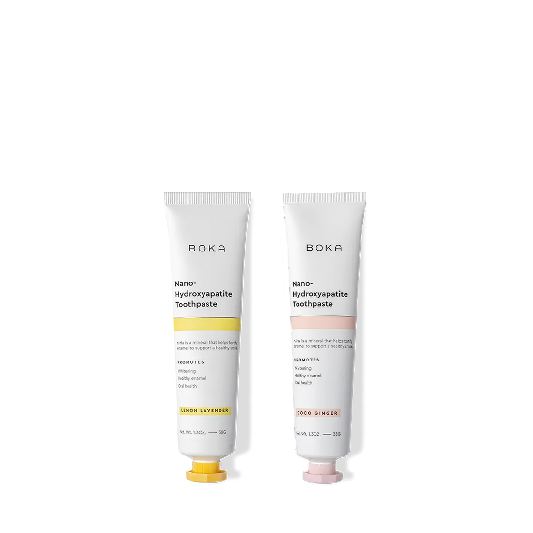 Travel Duo n-Ha Toothpaste 2-Pack: two travel-size tubes with nano-hydroxyapatite in unique flavors.