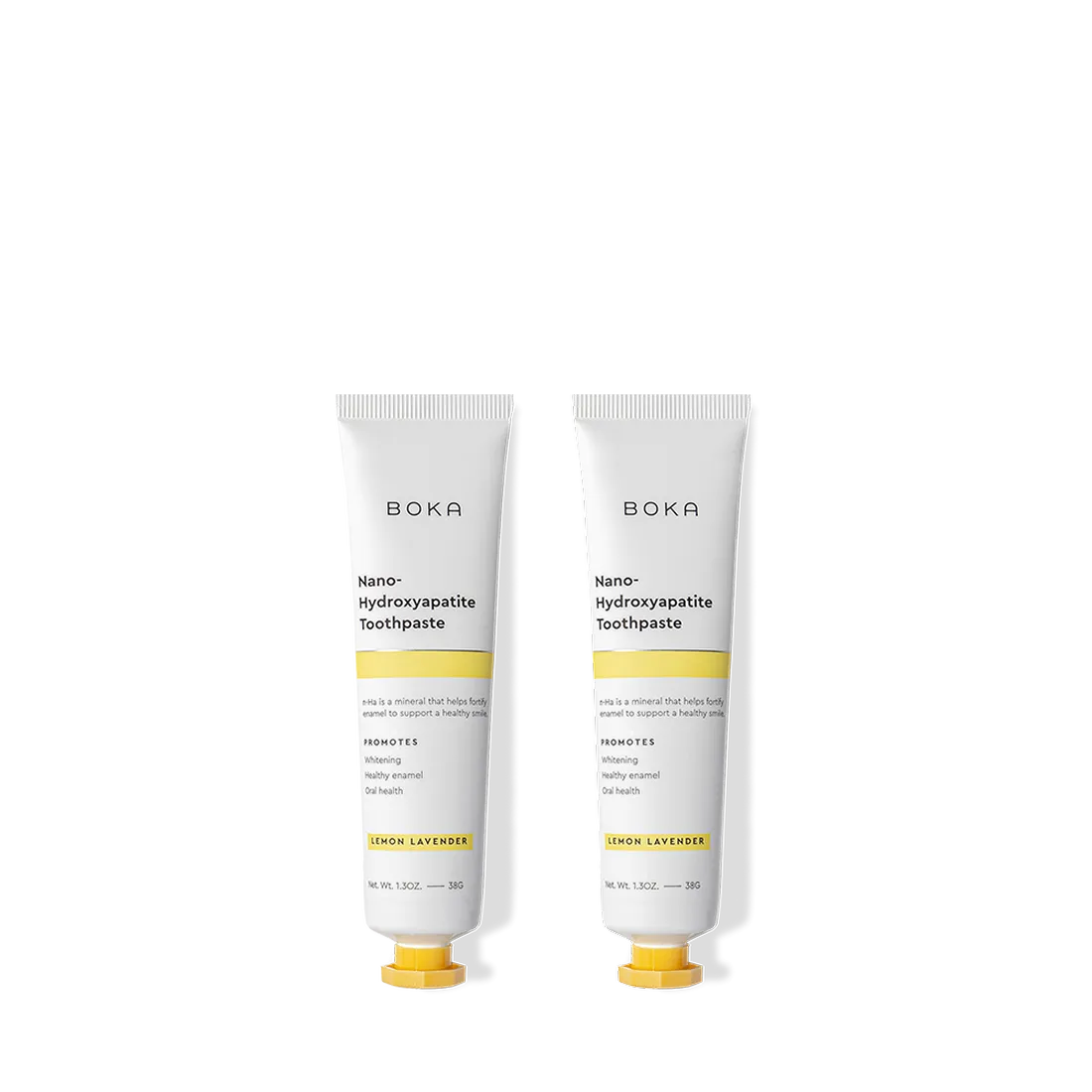Two upright tubes of Travel Duo n-Ha Toothpaste 2-Pack in Lemon Lavender, travel-sized.