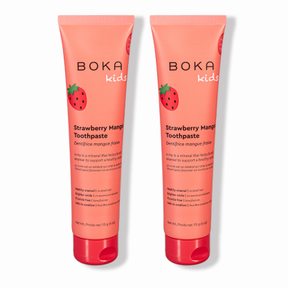 Two tubes of Strawberry Mango n-Ha Toothpaste to remineralize kids teeth.