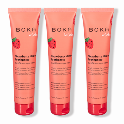Three tubes of Strawberry Mango n-Ha Toothpaste to help remineralize teeth.
