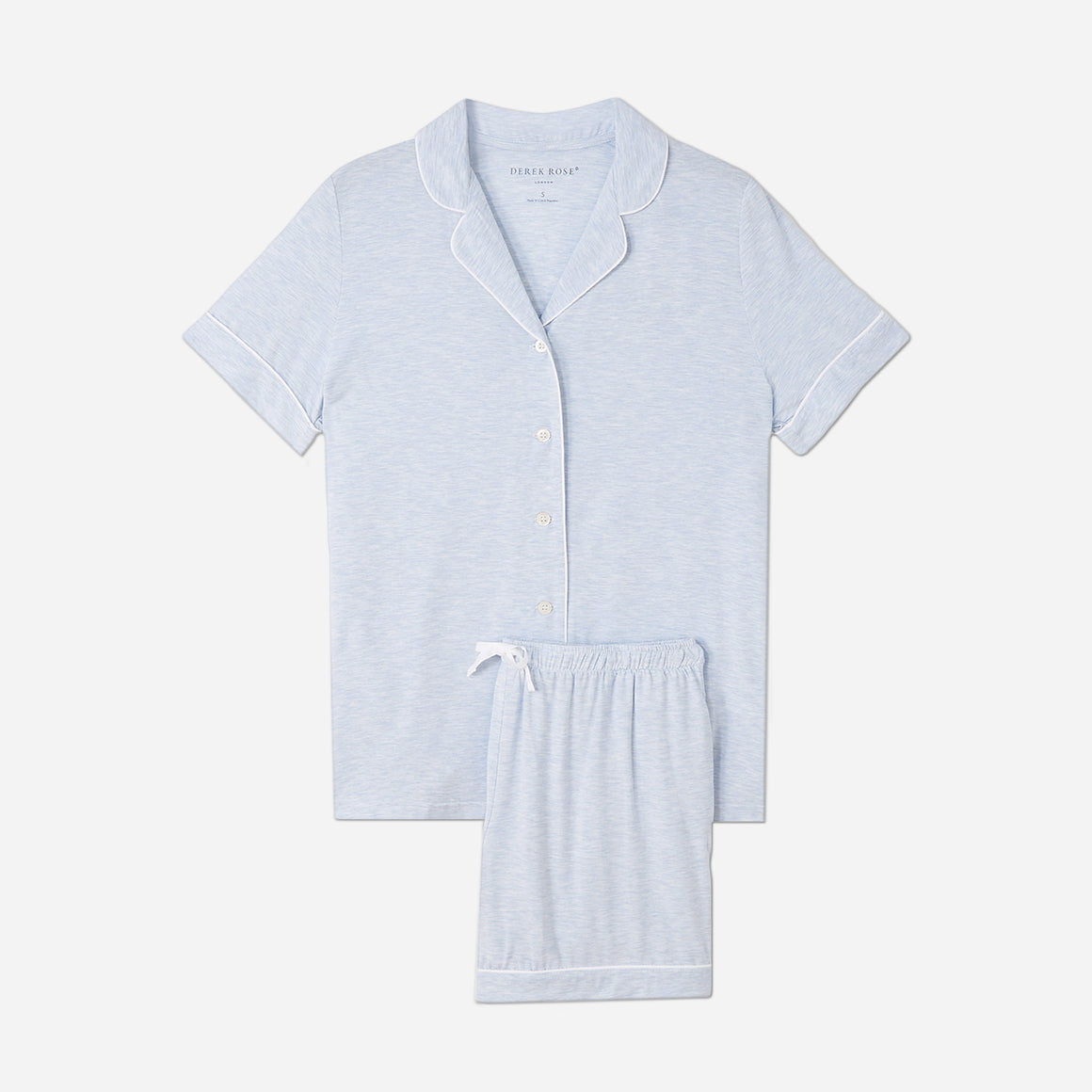 Derek Rose's Ethan Micro Modal Stretch Short PJ set in a light blue melange colorway. Shown against a light grey background.