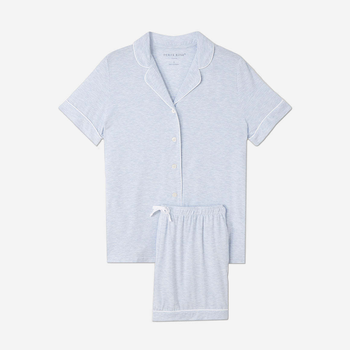 Derek Rose's Ethan Micro Modal Stretch Short PJ set in a light blue melange colorway. Shown against a light grey background.