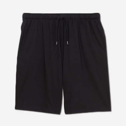 Derek Rose's Basel Micro Modal Lounge Short in a black colorway. Shown against light grey background.