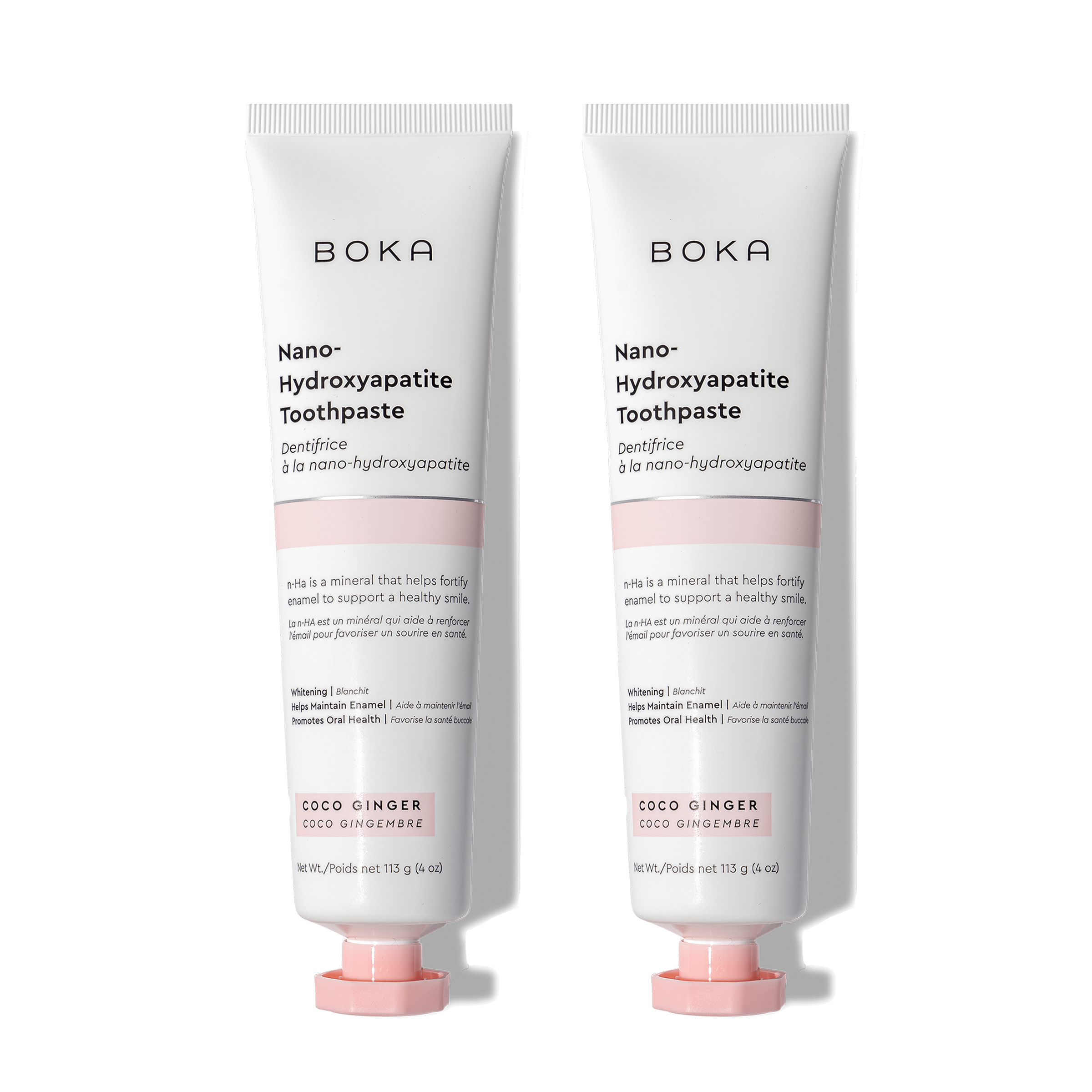 Two tubes of Coco Ginger n-Ha Toothpaste with nano-hydroxyapatite to remineralize teeth.