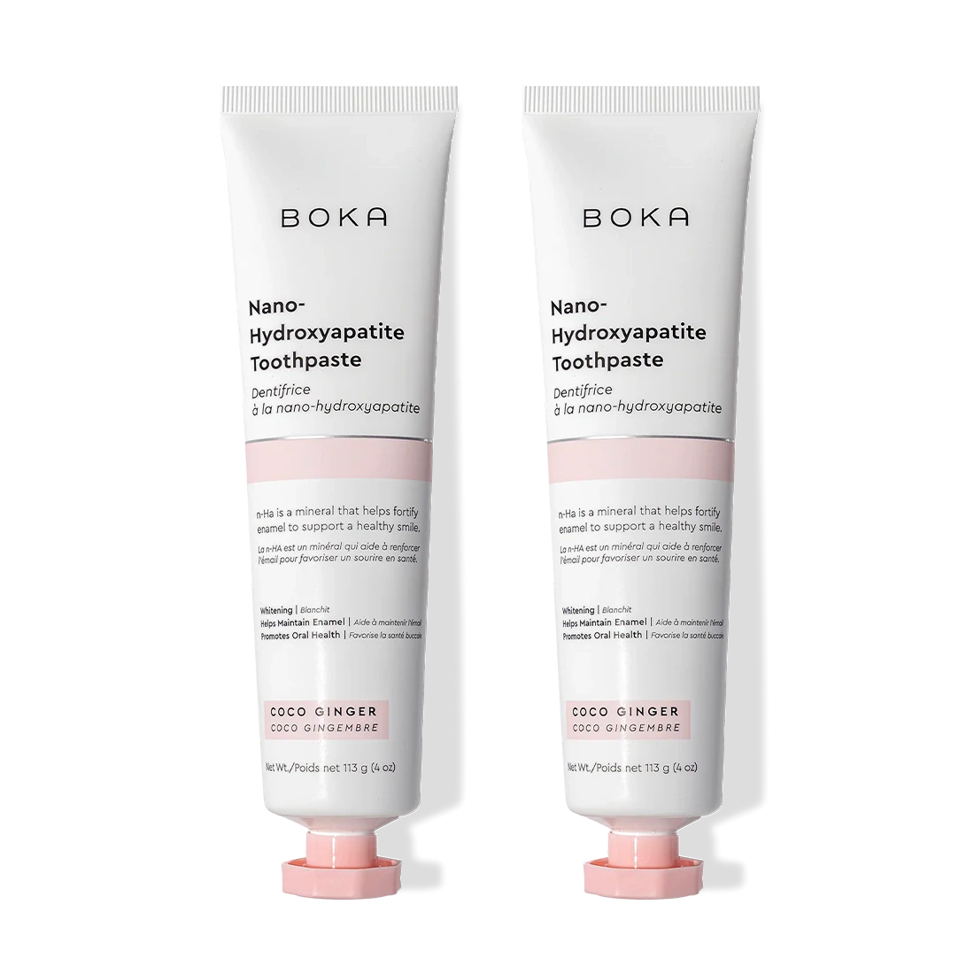 Two tubes of n-Ha Toothpaste 2-Pack in Coco Ginger flavor, great for tooth remineralization.