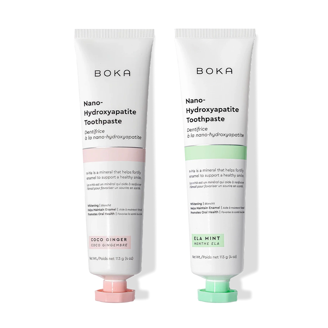 N-Ha Toothpaste 2-Pack—Coco Ginger and Ela Mint—to remineralize teeth on a black background.