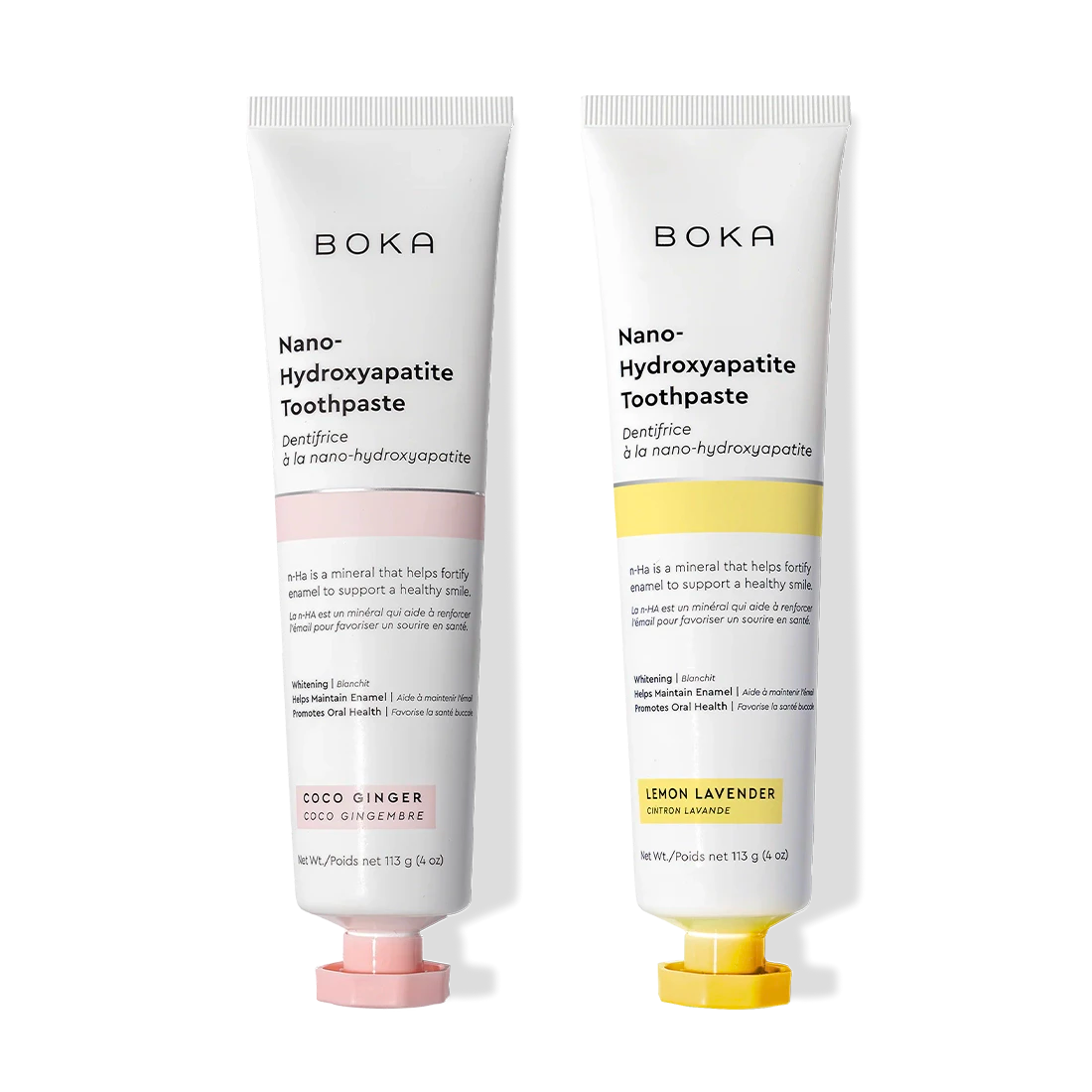 N-Ha Toothpaste 2-Pack—Coco Ginger and Lemon Lavender—fortifies enamel on a black background.