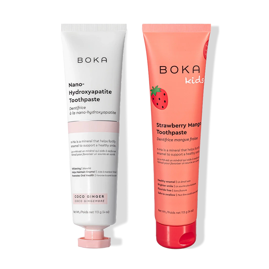 Two upright n-Ha Toothpaste tubes: both use nano-hydroxyapatite to strengthen and remineralize teeth.