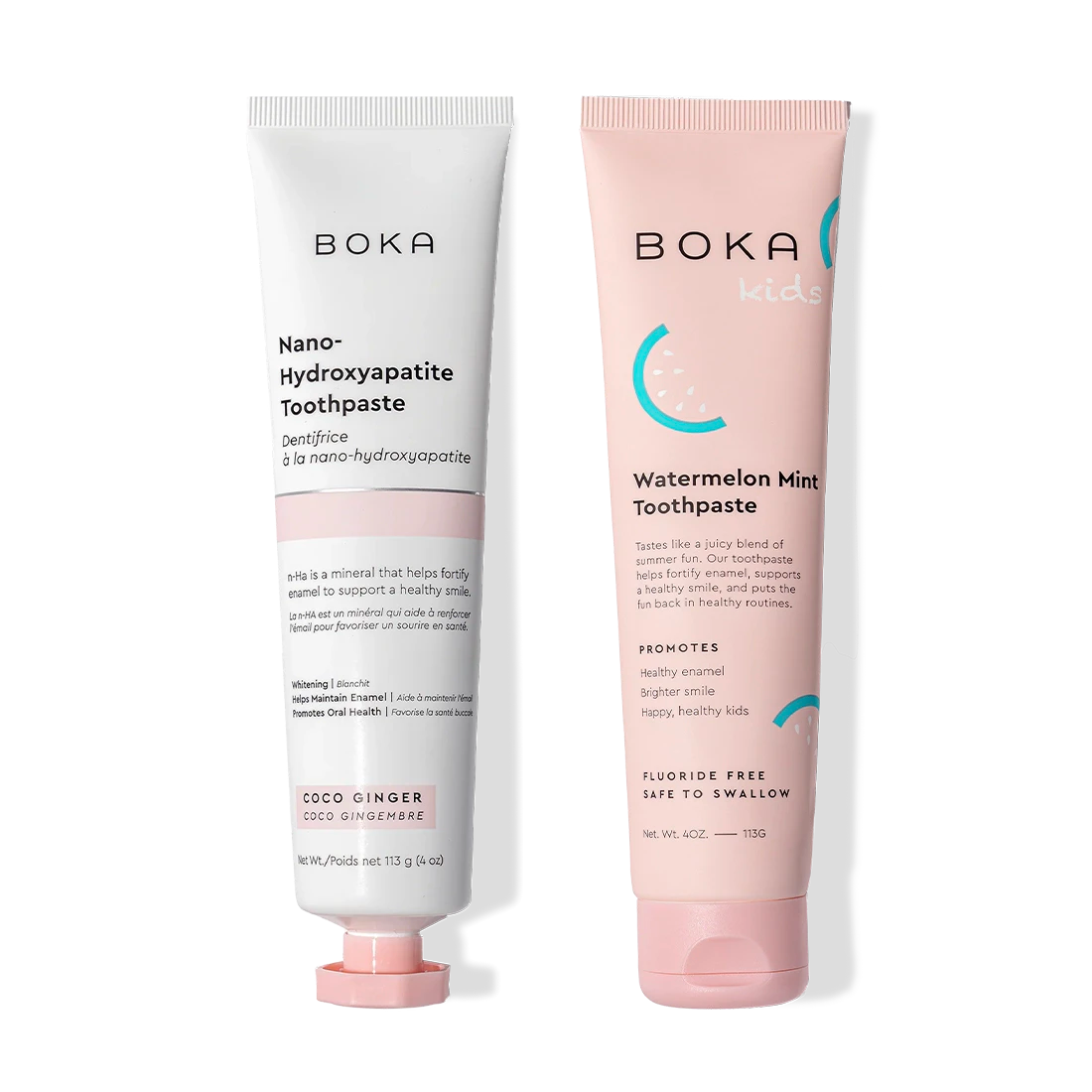 N-Ha Toothpaste 2-Pack: one with nano-hydroxyapatite, one Watermelon Mint for kids.