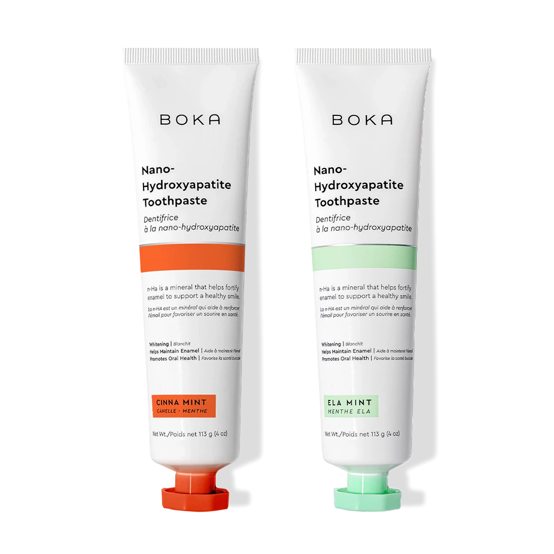 Two n-Ha Toothpaste 2-Packs side by side, made to fortify enamel with nano-hydroxyapatite.