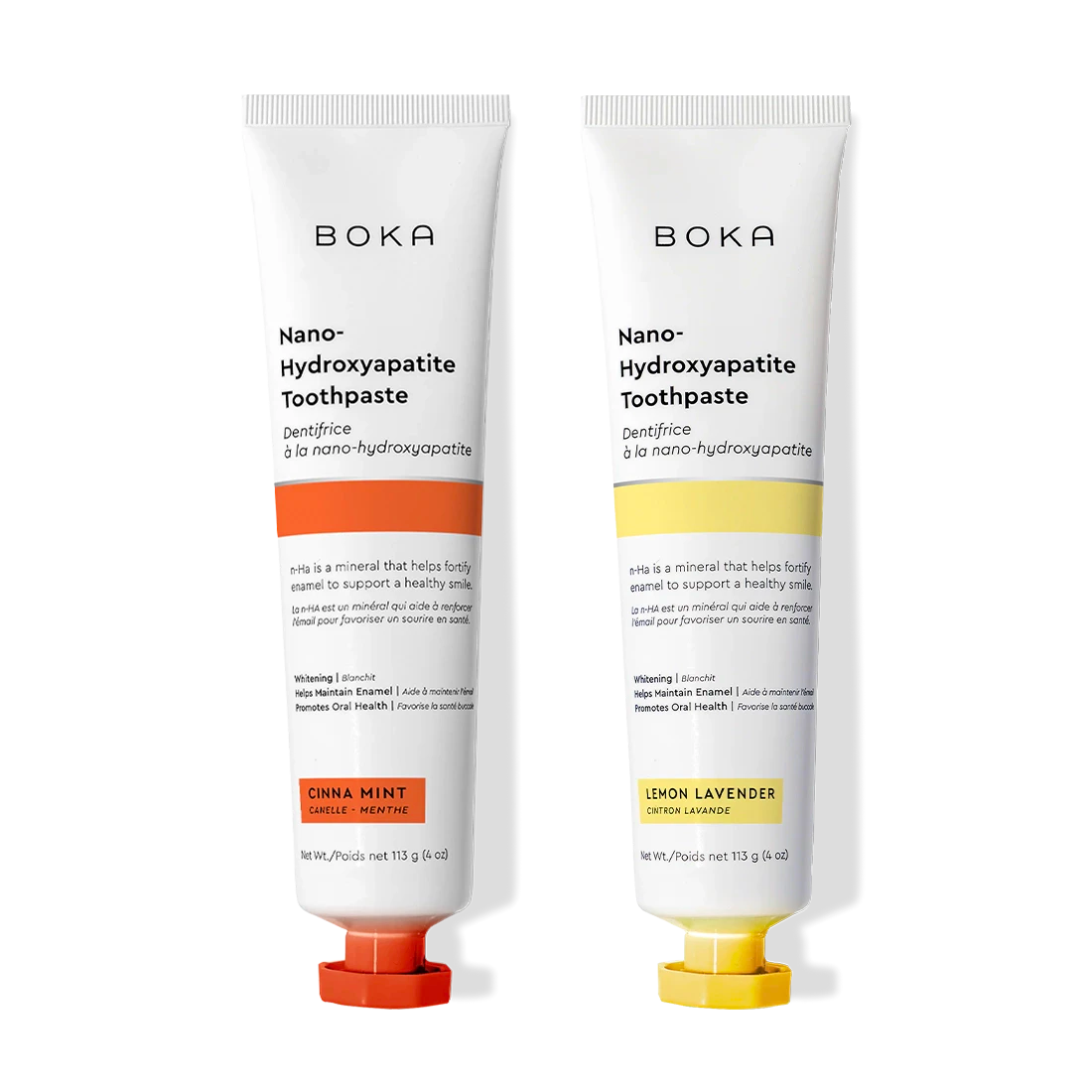N-Ha Toothpaste 2-Pack: Cinna Mint & Lemon Lavender flavors, both with white caps.