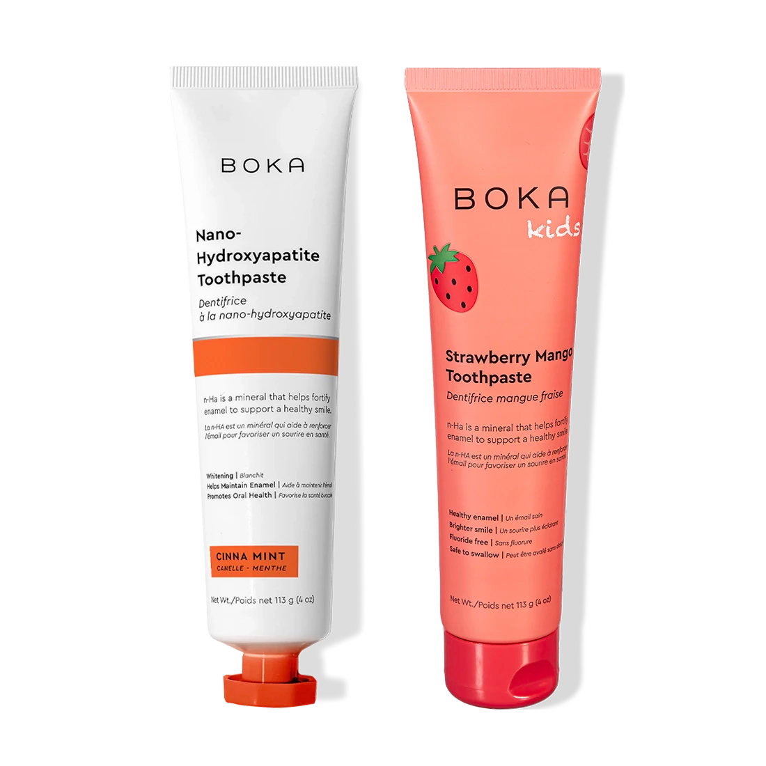 N-Ha Toothpaste 2-Pack: Cinna Mint & Kids Strawberry Mango, both for strong enamel.
